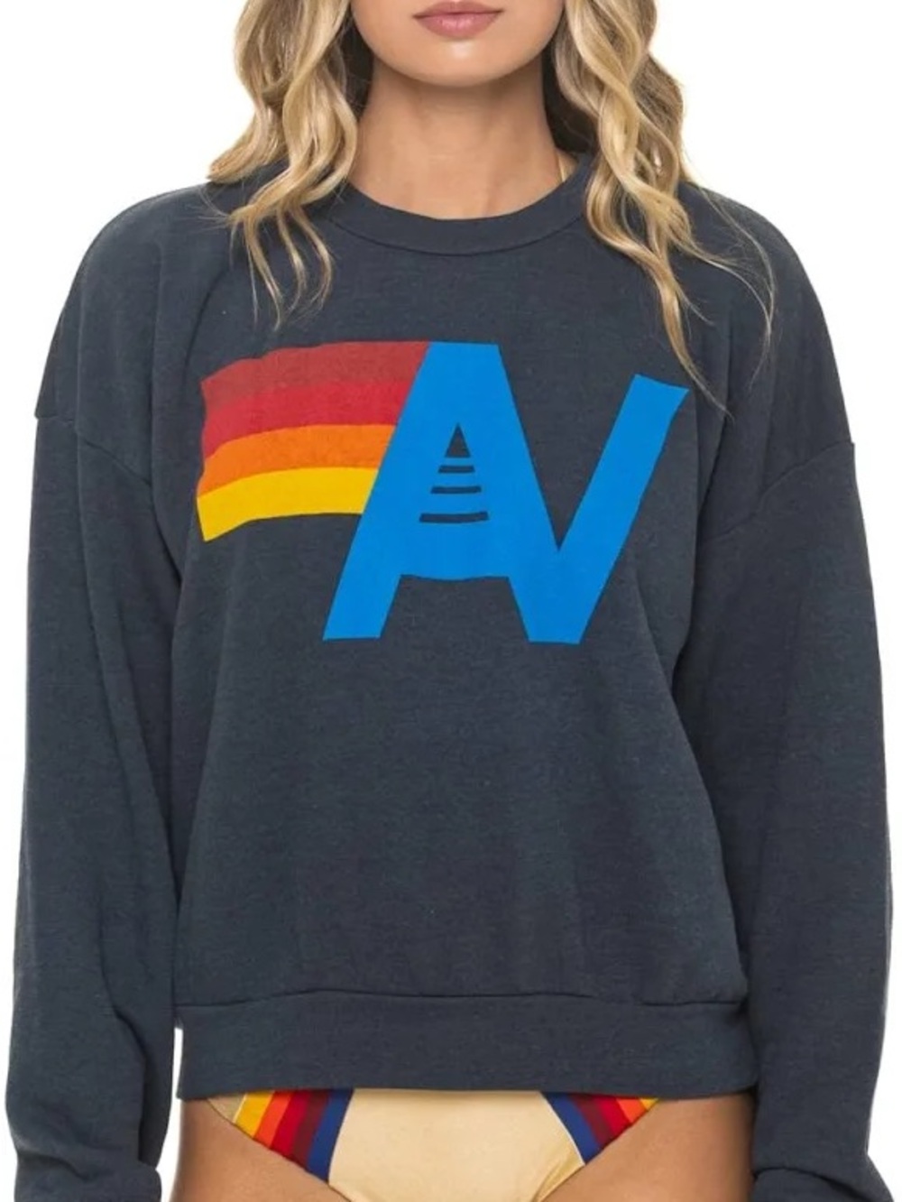 Aviator Nation Charcoal Crewneck with Blue Logo and Red-Orange-Yellow Stripes